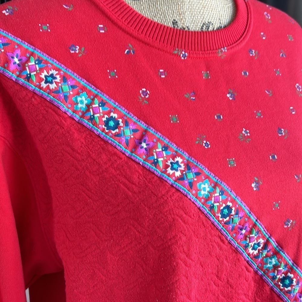 Vintage 80s Blast Blues red crewneck sweatshirt floral ribbon grandma core - Picture 3 of 15